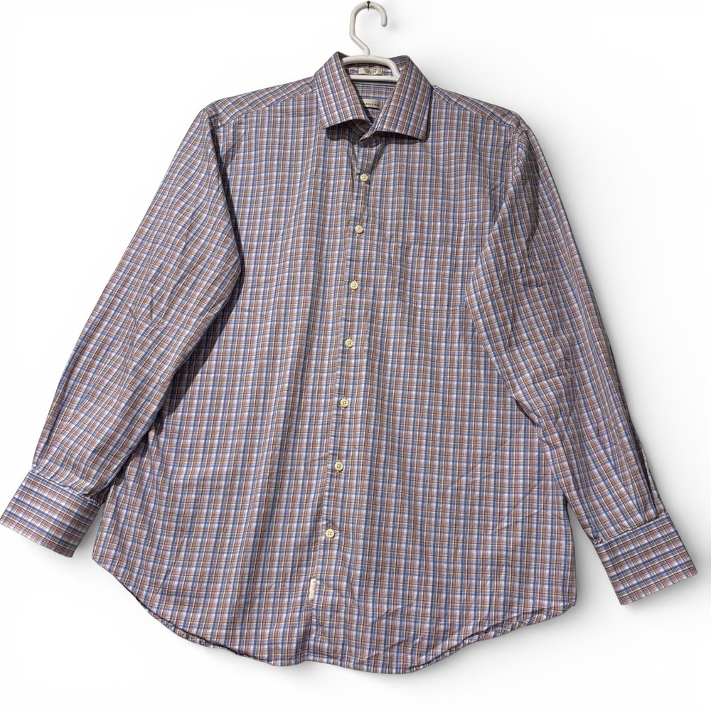 Peter Millar Mens XL Button Down Shirt Blue Purple Orange Plaid 100% Cotton LS - Picture 2 of 6